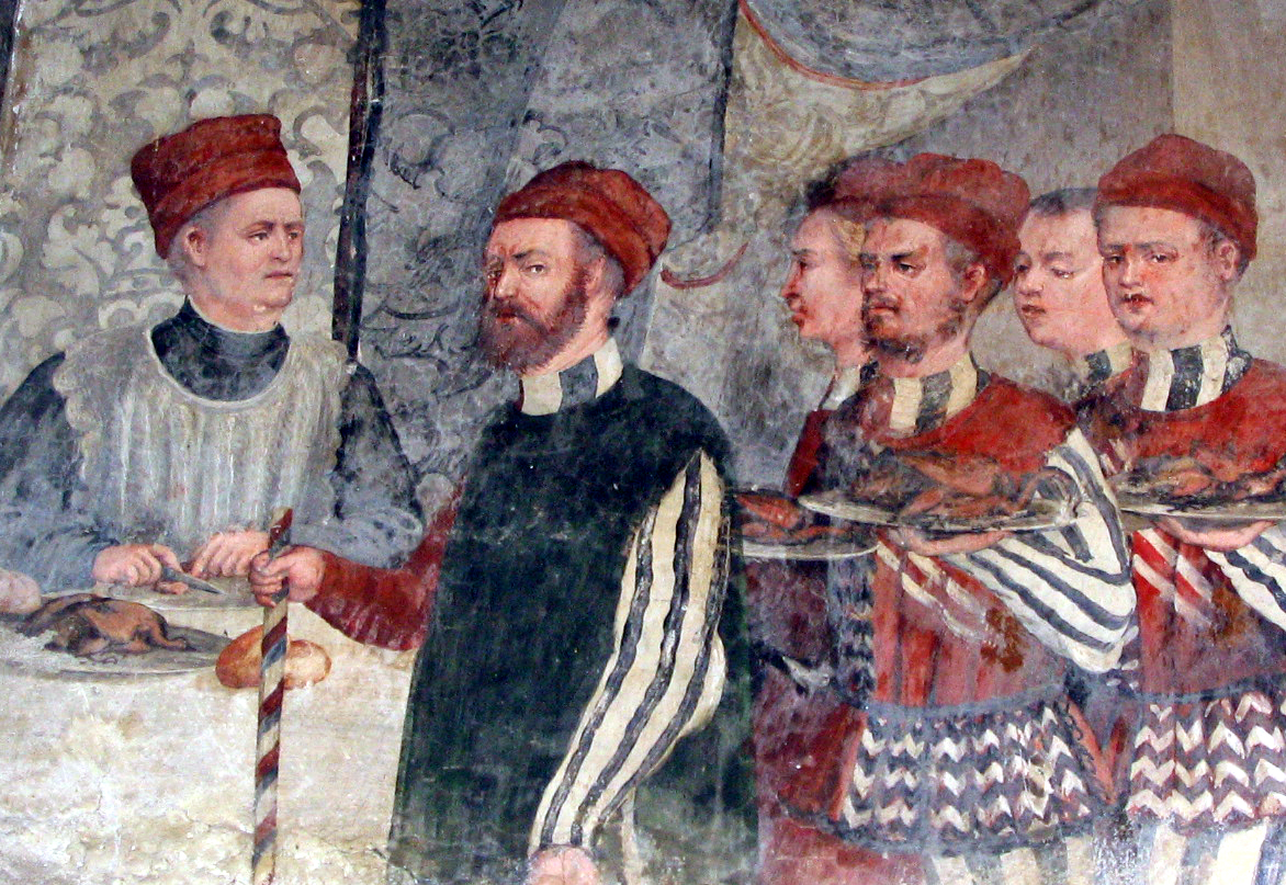 A head chef or food taster sampling dishes in Feast of Bartolomeo Colleoni in honor of Christian I of Denmark, attributed to Romanino (1467)